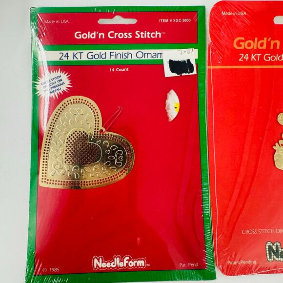 2 GOLD’n CROSS STITCH 24kt Christmas Ornaments by Needleform Vintage Bear Heart - Picture 5 of 5